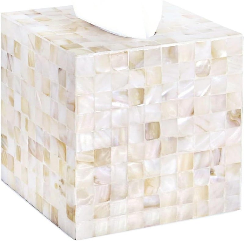 PEMAR Handcrafted Wooden Tissue Box Cover for Small Cube Tissue Boxes Only (Max Inner Size 4.7”) – Mother of Pearl Inlay Decorative Tissue Holder for Bathroom, Living Room & Office (White Sand) - Image 1
